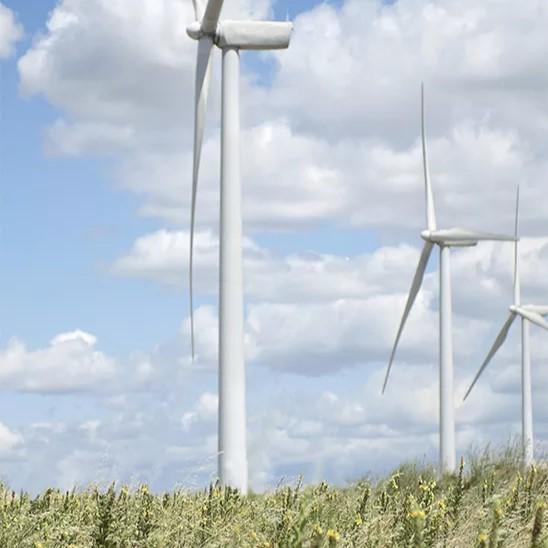 Les éoliennes se dressent fièrement dans un champ verdoyant sous un ciel bleu parsemé de nuages cotonneux.